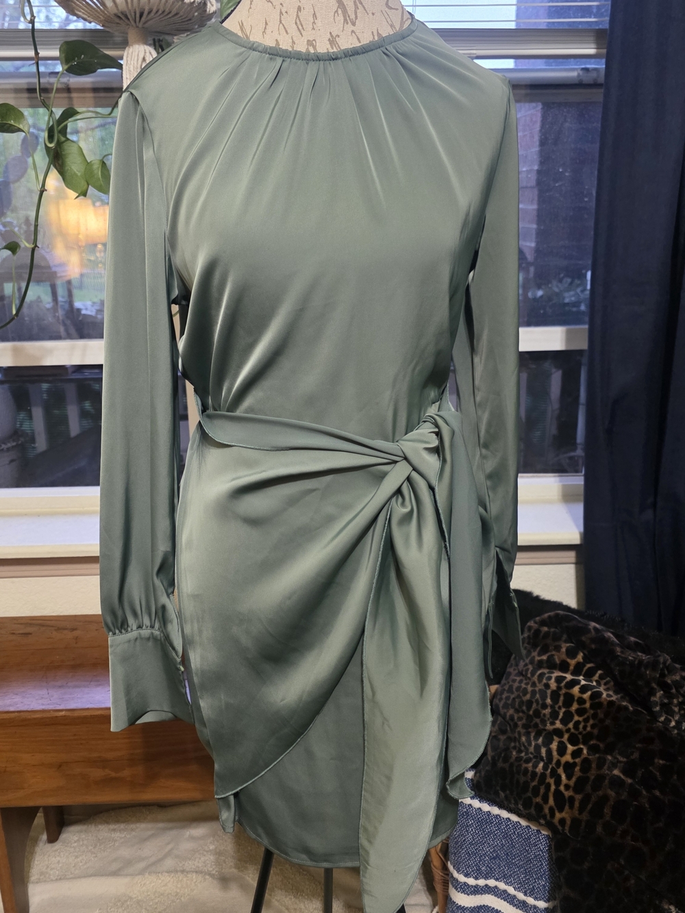 Sage Green Long-Sleeve Satin Tie-Waist Dress